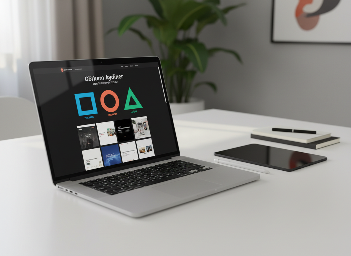 A sleek, high-resolution laptop displaying a beautifully designed Turkish web portfolio homepage for “Görkem Aydıner,” featuring clean grids, bold section headers represented by geometric shapes, and vibrant accent colors on a dark, minimalist UI. The laptop rests on a tidy white desk with a matte finish, surrounded by a tablet, stylus, and a few neatly stacked notebooks. Soft daylight from an unseen window washes in from the left, creating gentle reflections on the laptop screen and subtle shadows on the desk. Photographic realism from a slightly elevated, three-quarter angle, with a shallow depth of field that blurs a modern office background, conveying professionalism, focus, and premium web design expertise.